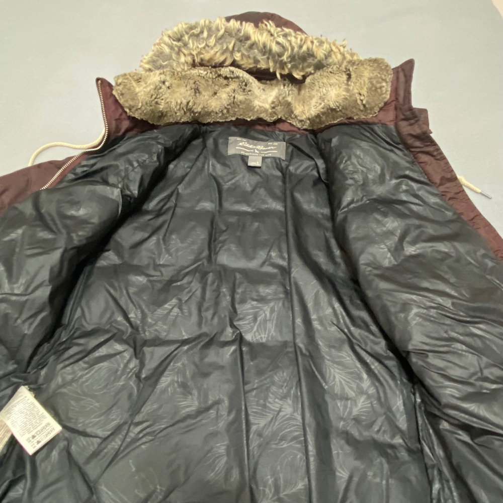 Eddie Bauer Womens Small Burgundy Down Puffer Parka Faux Fur Trim Hood Jacket - Picture 6 of 15